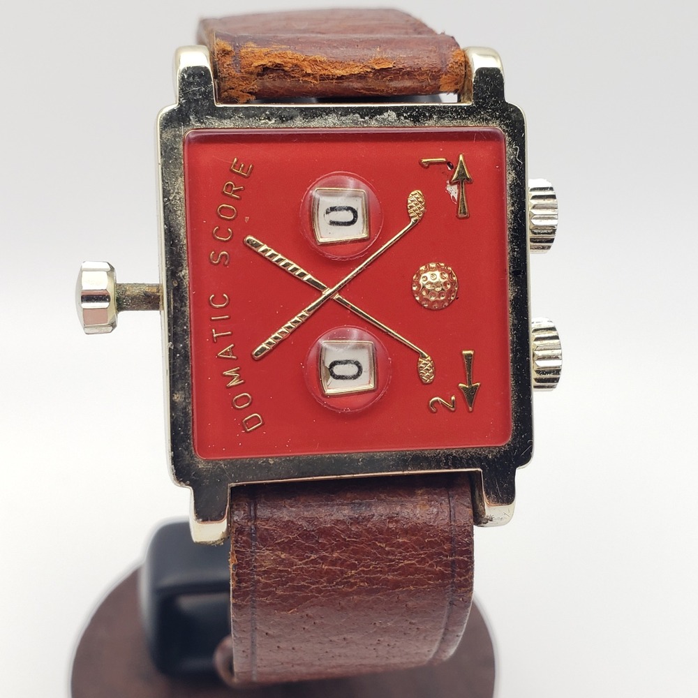 Domatic Score Golf-Sport Watch Red Vintage Swiss Made Leather Enameled
